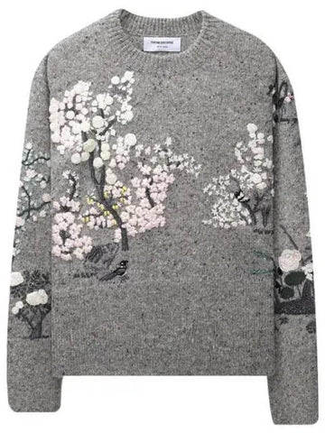 Women's Donegal Mohair Tweed Embroidered Knit Top Grey - THOM BROWNE - BALAAN 1