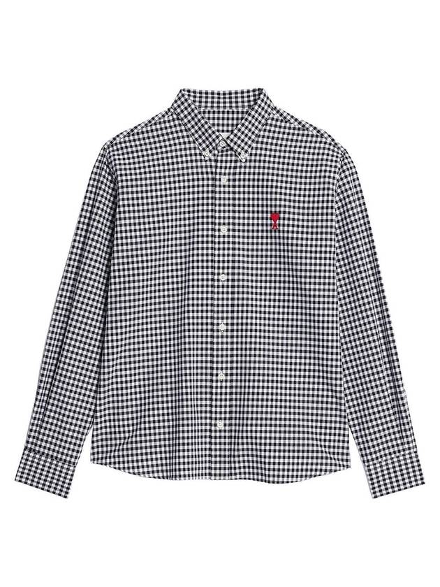 Small Heart Logo Gingham Button Long Sleeves Shirt Black - AMI - BALAAN 1