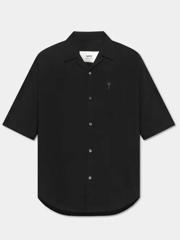 Embroidered Logo Cotton Short Sleeve Shirt Black - AMI - BALAAN 3