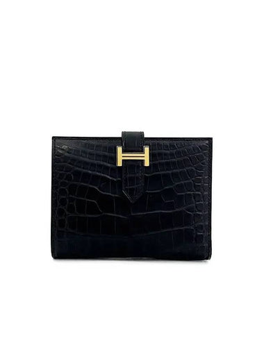 Alligator Vean half wallet black gold engraved W 4HL0113 - HERMES - BALAAN 1