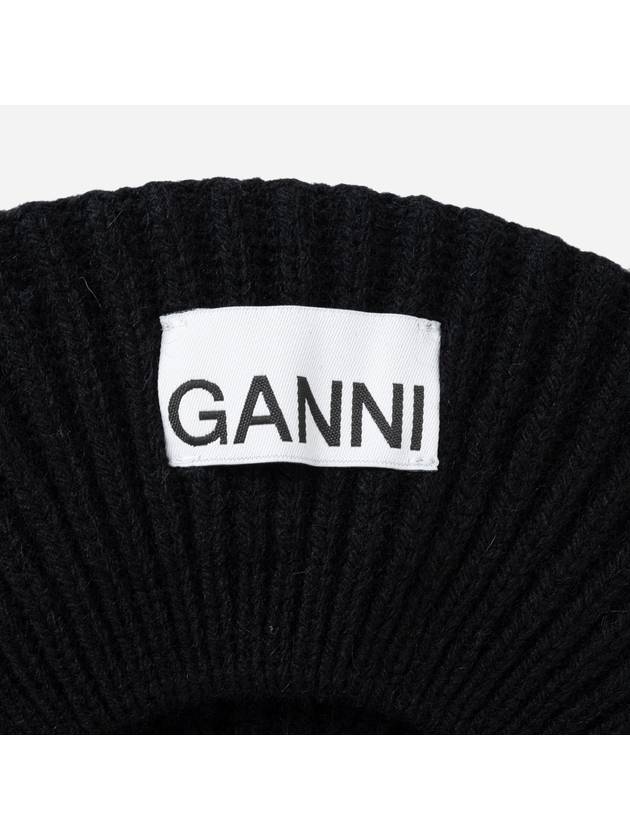 Logo Rib Edge Wool Beret Black - GANNI - BALAAN 8