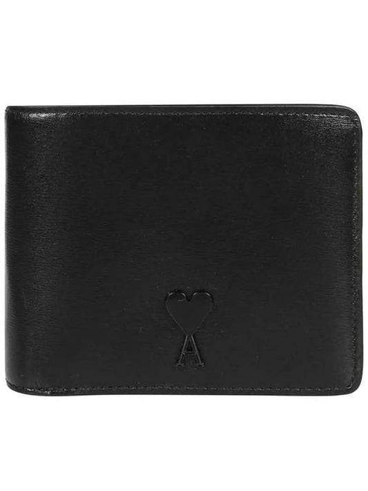 Heart Logo Bi Fold Leather Half Wallet Black - AMI - BALAAN 2