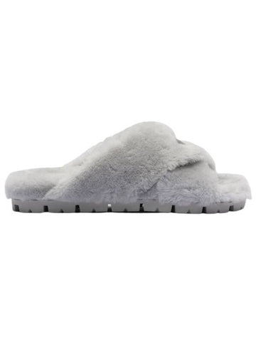 Triangle Logo Cross Strap Shearling Slippers Grey - PRADA - BALAAN 1