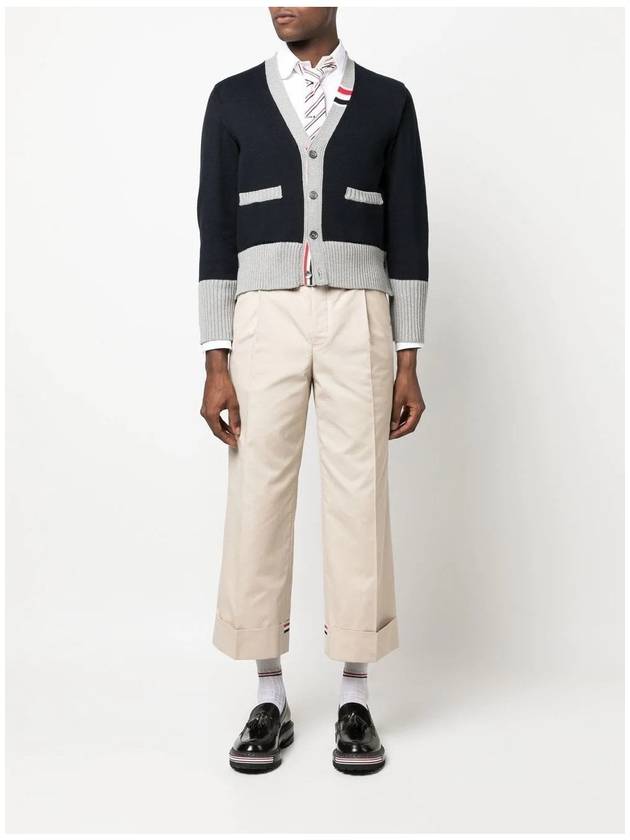 THOM BROWNE Three Stripe V Neck Cotton Cardigan Navy MKC466A Y3017 415 - THOM BROWNE - BALAAN