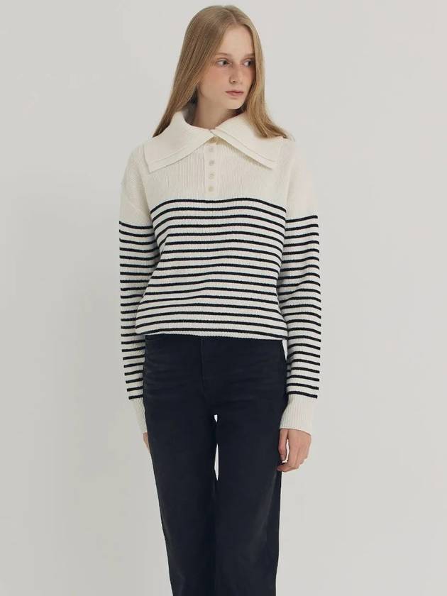 Open Collar Knit Top Ivory Stripe - LESEIZIEME - BALAAN 5