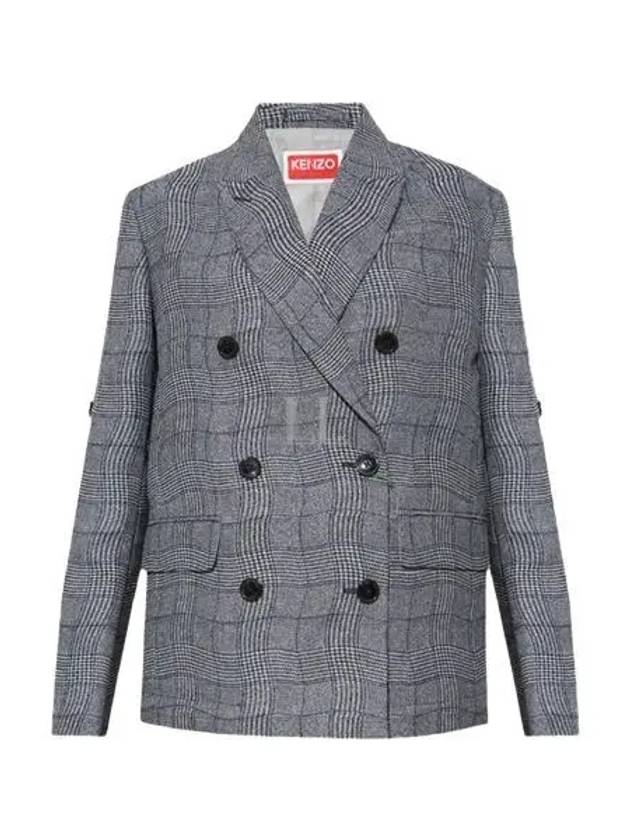 Check Double Breasted Blazer Jacket Grey - KENZO - BALAAN 2