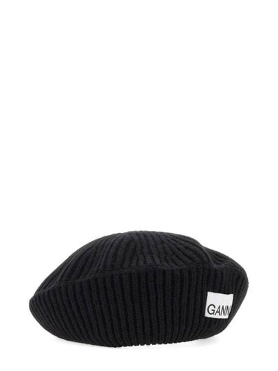 Logo Rib Edge Wool Beret Black - GANNI - BALAAN 2