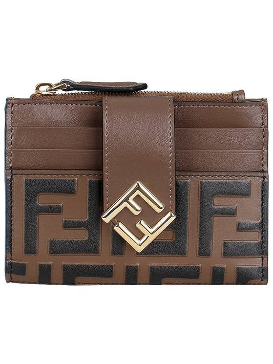 FF Diamond Embossed Logo Zip Card Holder Brown - FENDI - BALAAN 2