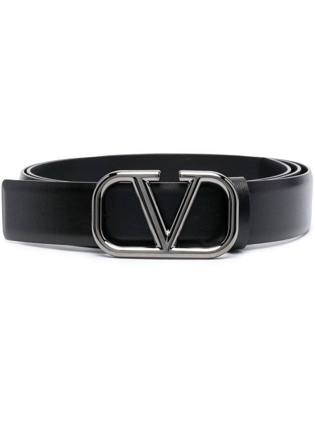 silver V logo signature leather belt black - VALENTINO - BALAAN.