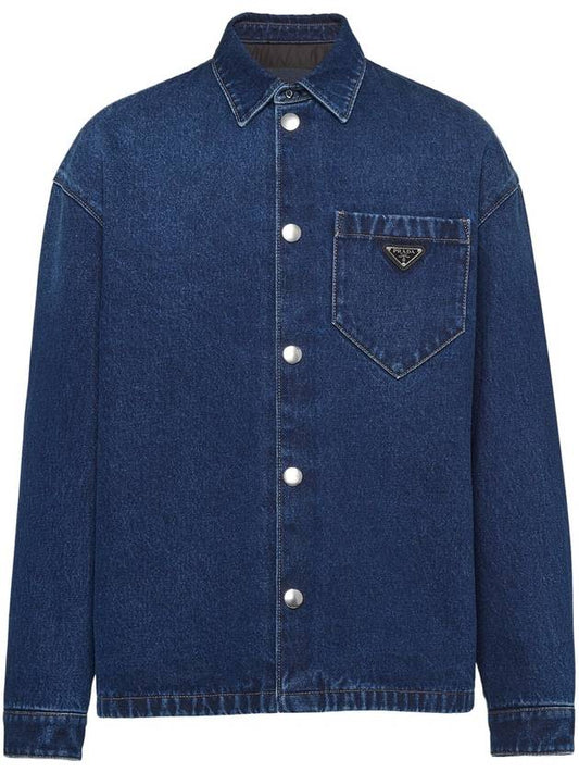 Triangle Logo Padded Denim Long Sleeve Shirt Navy - PRADA - BALAAN 2