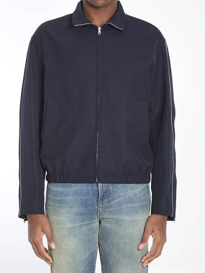 Embroidered wool twill zip up jacket dark blue - GUCCI - BALAAN 2