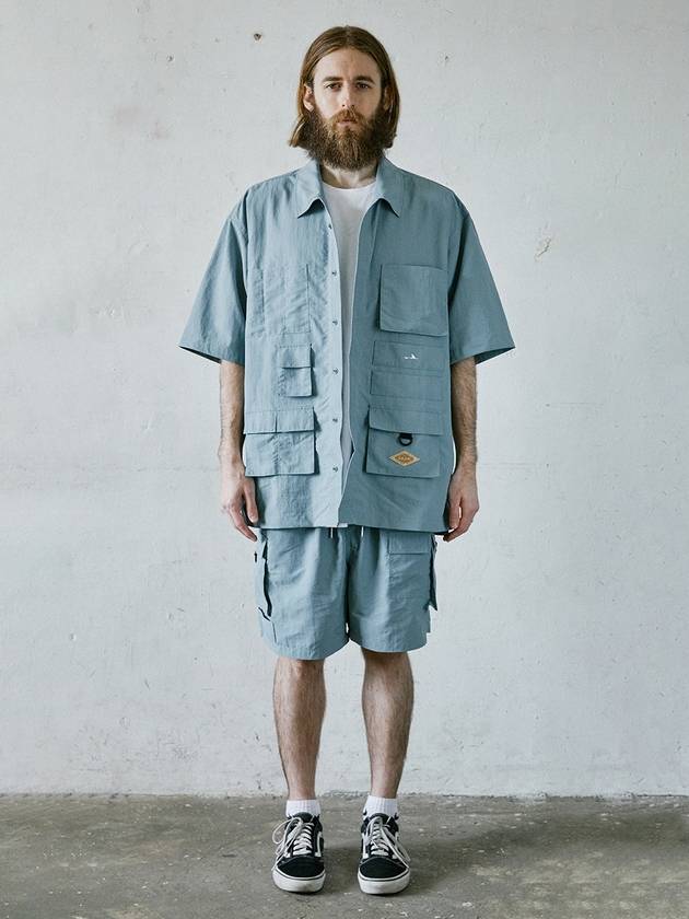 Cargo Pocket Work Oversized Fit Short Sleeve Shirt Grey Blue - AKAW - BALAAN 1