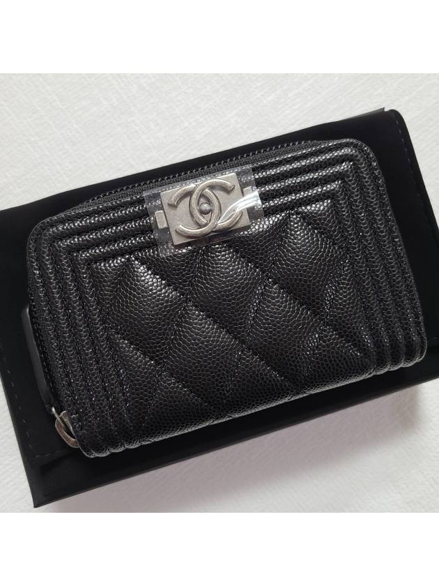 Boy Vintage Silver Hardware Quilted Caviar Zipper Card Wallet Black - CHANEL - BALAAN 4