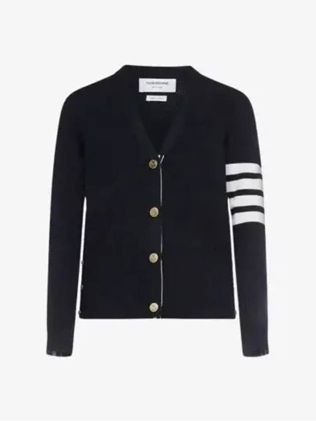 Milano Stitch 4 Bar Classic V Neck Fine Merino Wool Cardigan Navy - THOM BROWNE - BALAAN 2