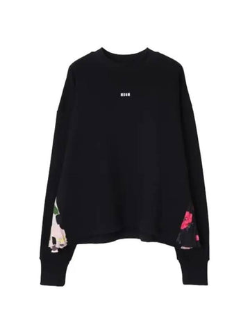 Logo Flora Pleated Detail Cotton Long Sleeve T-Shirt Black - MSGM - BALAAN 1