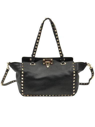 Black Calfskin Gold Plated Small Rockstud Shopper 2WAY - VALENTINO - BALAAN 1