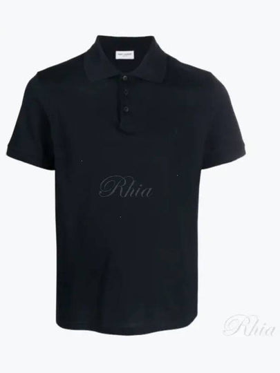 Men's Monogram Cotton Short Sleeve Polo Shirt Navy - SAINT LAURENT - BALAAN 2