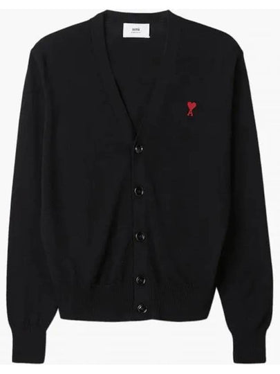 Red Heart Logo Merino Wool Cardigan Black - AMI - BALAAN 2