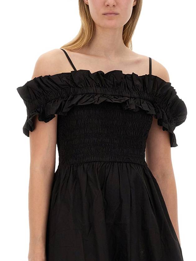 Poplin Off Shoulder Smoke Midi Dress Black - GANNI - BALAAN 5