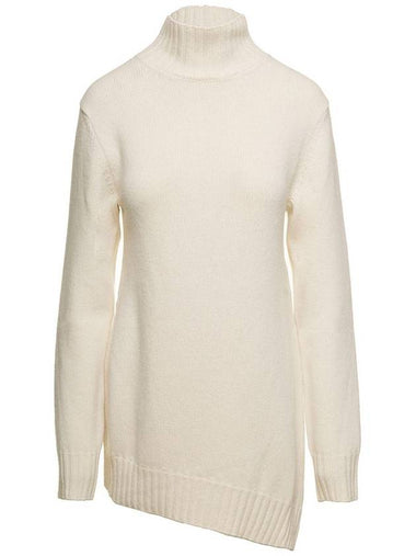 White Mock Neck Jumper With Asymmetric Hem In Wool Woman - JIL SANDER - BALAAN 1