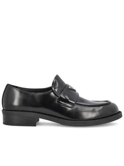 Triangular logo brushed leather loafers black - PRADA - BALAAN 2