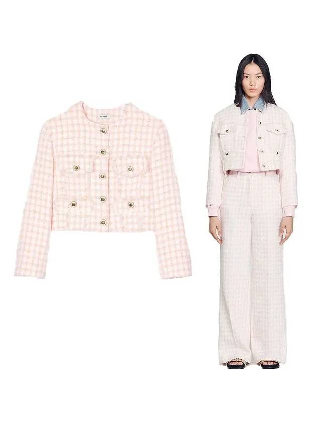 Button Up Tweed Crop Jacket Pink - SANDRO - BALAAN 2