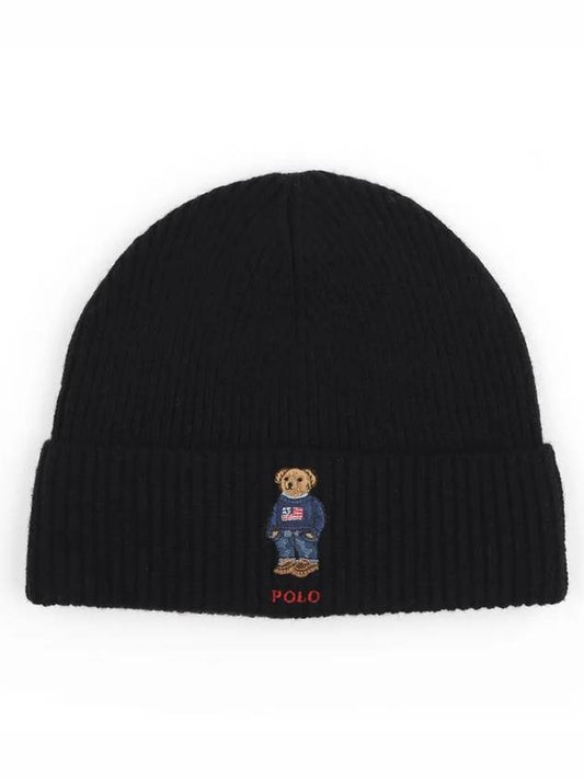 Embroidered Bear Knit Wool Beanie Black - POLO RALPH LAUREN - BALAAN 2