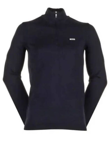 Logo Print Zipper Neck Cotton Blend Long Sleeve T-Shirt Navy - HUGO BOSS - BALAAN 1