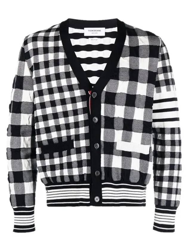 4-Bar Stripe Funmix Gingham Jacquard Cardigan Navy - THOM BROWNE - BALAAN 3