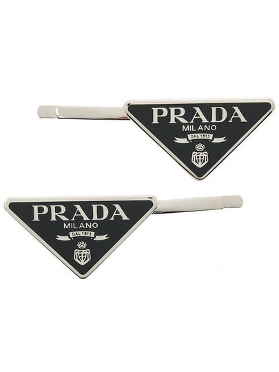 Triangle Logo Hair Clip Silver Black - PRADA - BALAAN 2