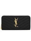 Cassandre Matelasse Zip Around Wallet In Grain De Poudre Embossed Leather Black Gold - SAINT LAURENT - BALAAN.