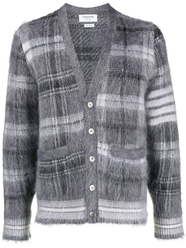 Funmix Tartan Mohair 4 Bar V-neck Cardigan Grey - THOM BROWNE - BALAAN 3