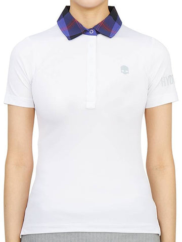 Women's Golf Logo Tech Tartan Neck Short Sleeve PK Shirt White - HYDROGEN - BALAAN 1