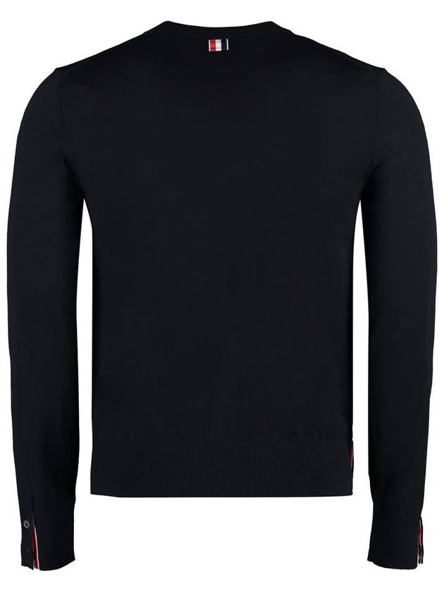 Intarsia Stitch Crew Neck Merino Wool Knit Top Navy - THOM BROWNE - BALAAN 3