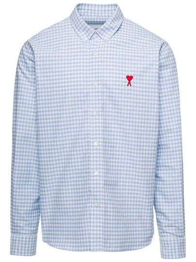 Small Heart Logo Gingham Button Long Sleeves Shirt Sky Blue - AMI - BALAAN 2