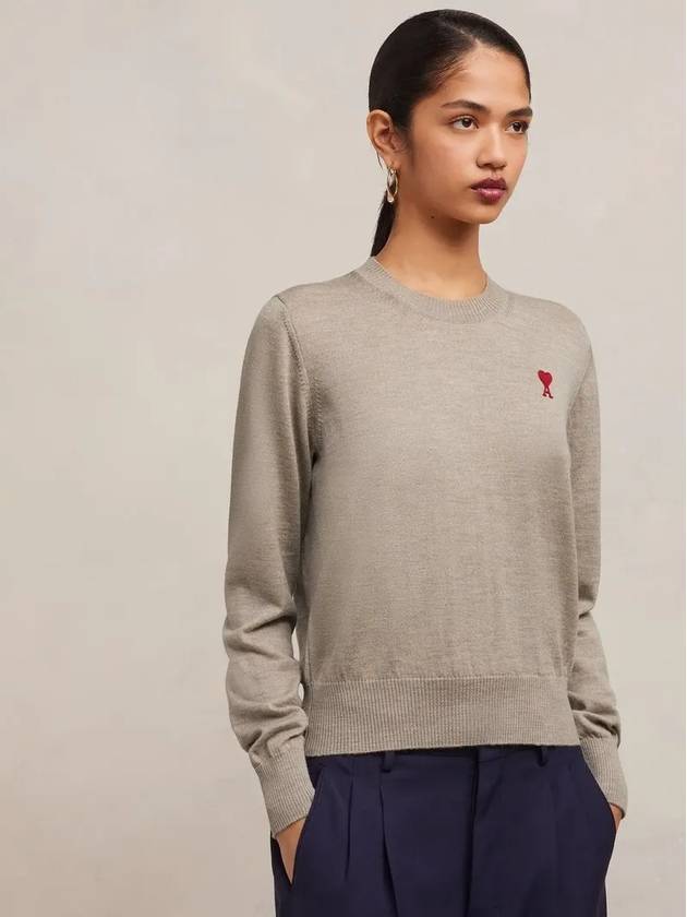 Heart Logo Crew Neck Merino Wool Knit Top Champagne - AMI - BALAAN 7