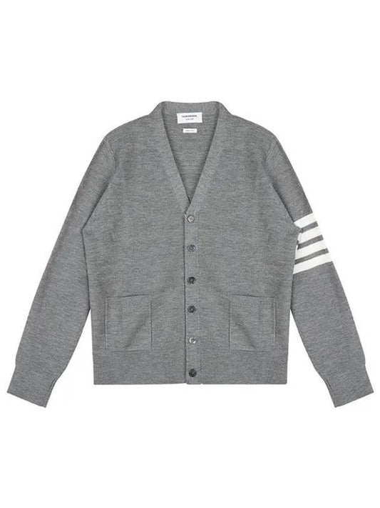 4-Bar Striped Waffle High V-Neck Cardigan Light Grey - THOM BROWNE - BALAAN 2