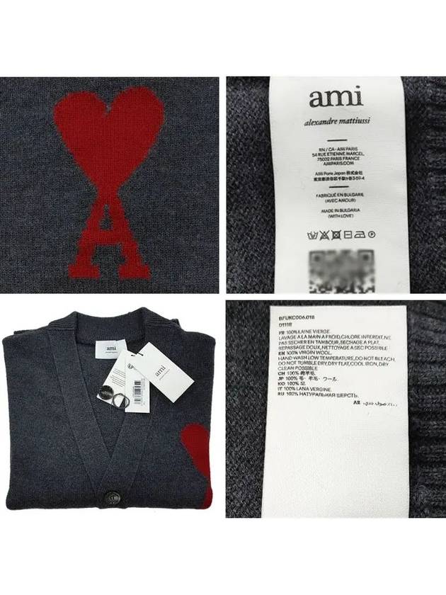 Heart Logo V Neck Wool Cardigan Heather Grey - AMI - BALAAN 6