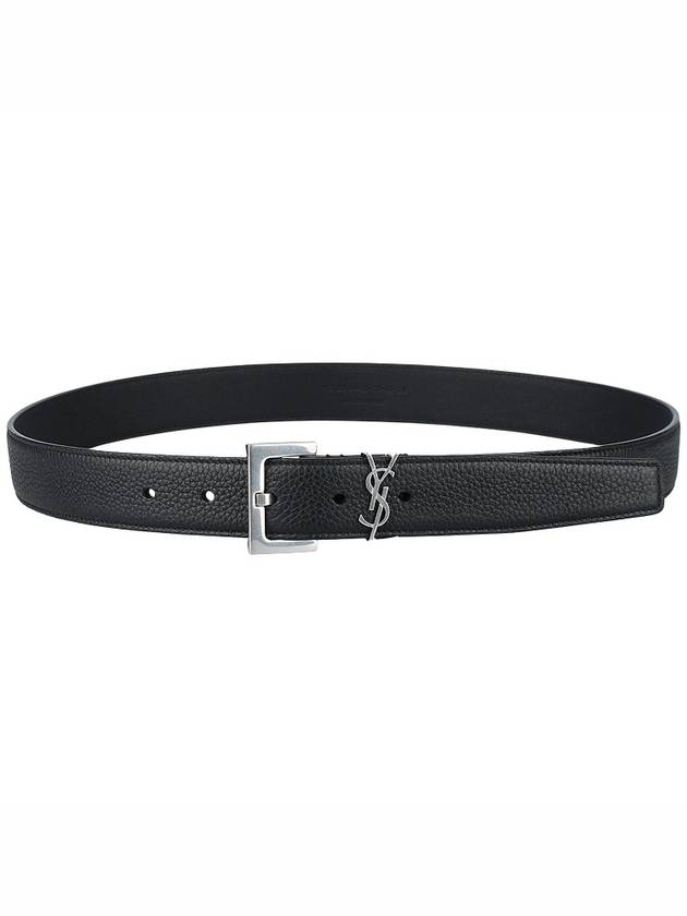 Grained Leather Silver Monogram Belt Black - SAINT LAURENT - BALAAN 10