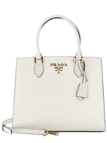 Saffiano Gold Square Leather Tote Bag White - PRADA - BALAAN 1