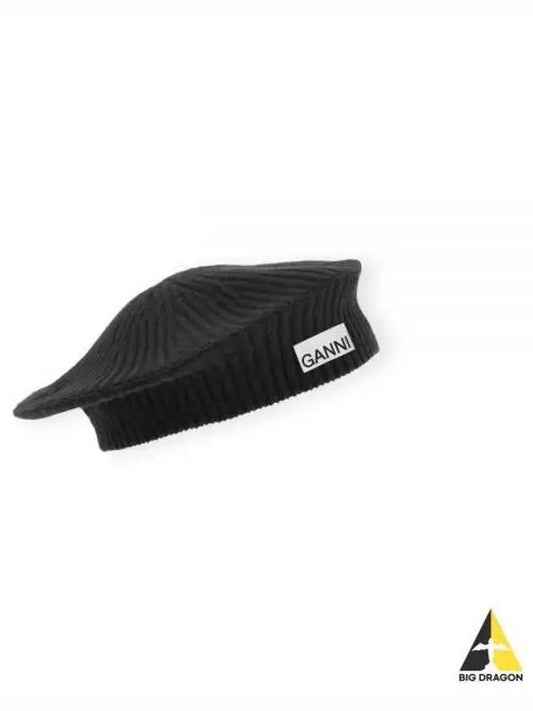 Logo Rib Edge Wool Beret Black - GANNI - BALAAN 2