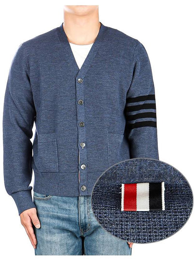 4-Bar Striped Waffle High V-Neck Cardigan Dark Blue - THOM BROWNE - BALAAN 2