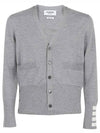 Men's Fine Merino Wool 4 Bar Cuff V-Neck Cardigan Grey - THOM BROWNE - BALAAN 2