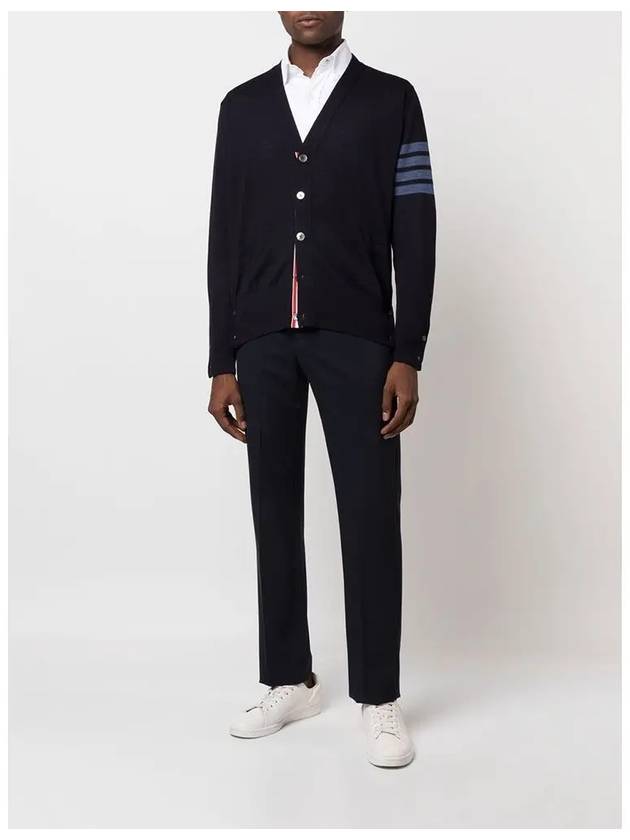 4-Bar Stripe Sustainable Merino Wool Cardigan Navy - THOM BROWNE - BALAAN 4