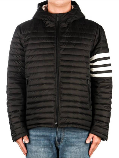 Matte Nylon 4-Bar Stripe Downfill Quilted Hoodie Padding Black - THOM BROWNE - BALAAN 2