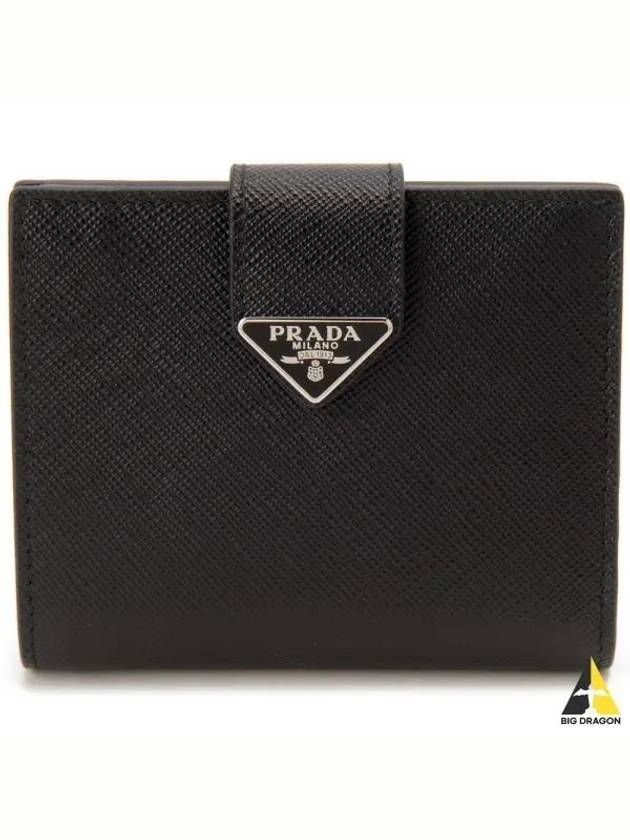 Triangle Logo Saffiano Leather Half Wallet Black - PRADA - BALAAN 2