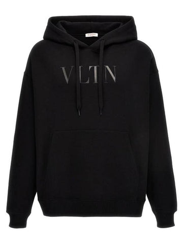 Men's VLTN Logo Print Fleece Hoodie Black - VALENTINO - BALAAN 1