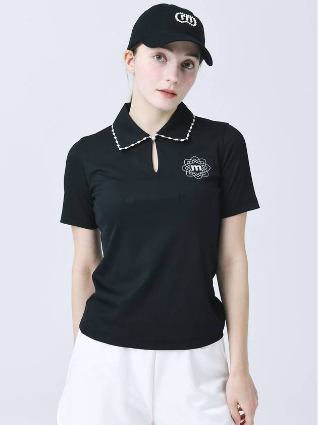 Lace Collar Decoration Functional Span Rib Keyhole Neck Black Short Sleeve T-Shirt DO3232TS18 - DOYOUKNOWMC GOLF WEAR - BALAAN 2