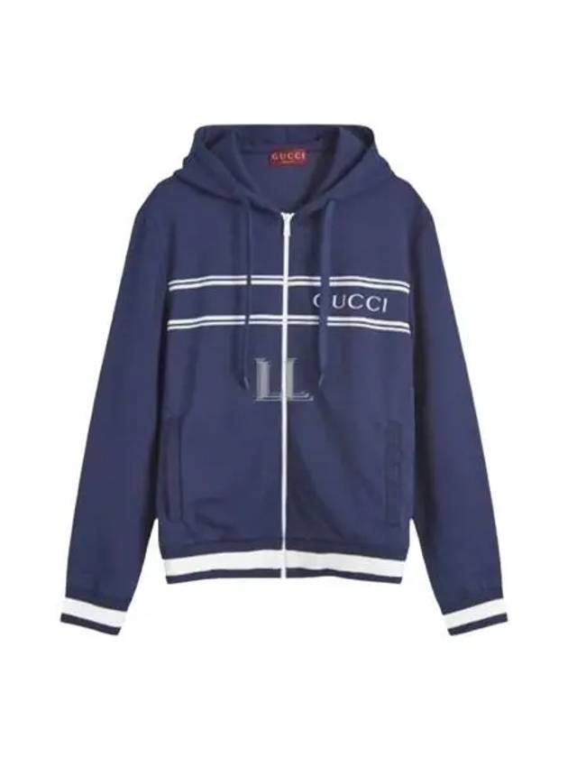 Logo Stripe Print Zip Up Hoodie Midnight Blue - GUCCI - BALAAN 2