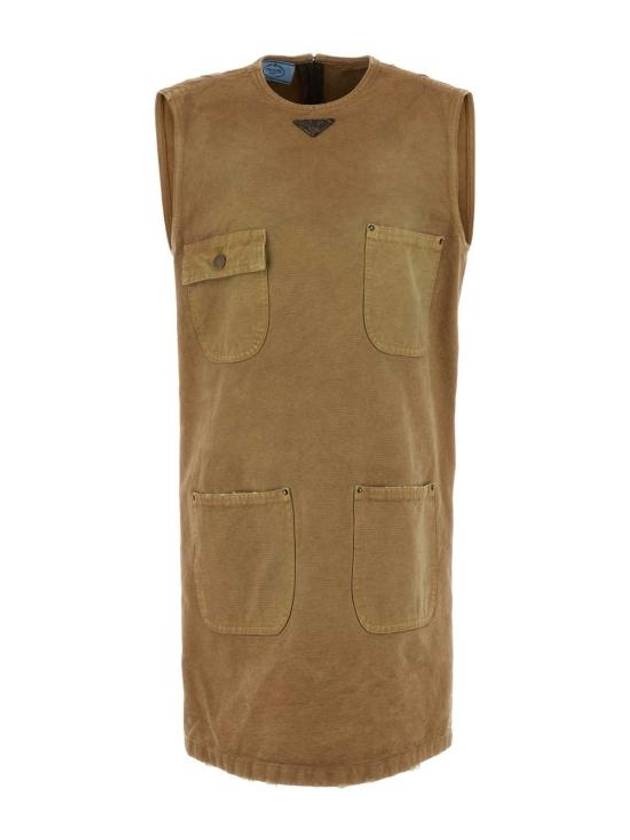 Sleeveless Canvas Mini Dress Camel - PRADA - BALAAN 1